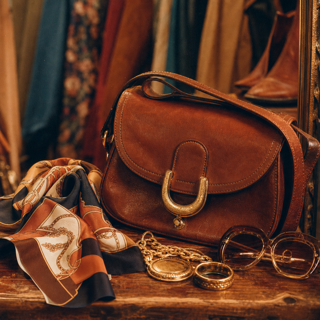 Close-up film photo of a vintage leather bag and gold accessories on a wooden counter