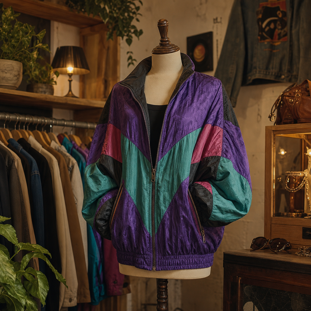 Statement vintage jacket on a mannequin in a cozy boutique corner