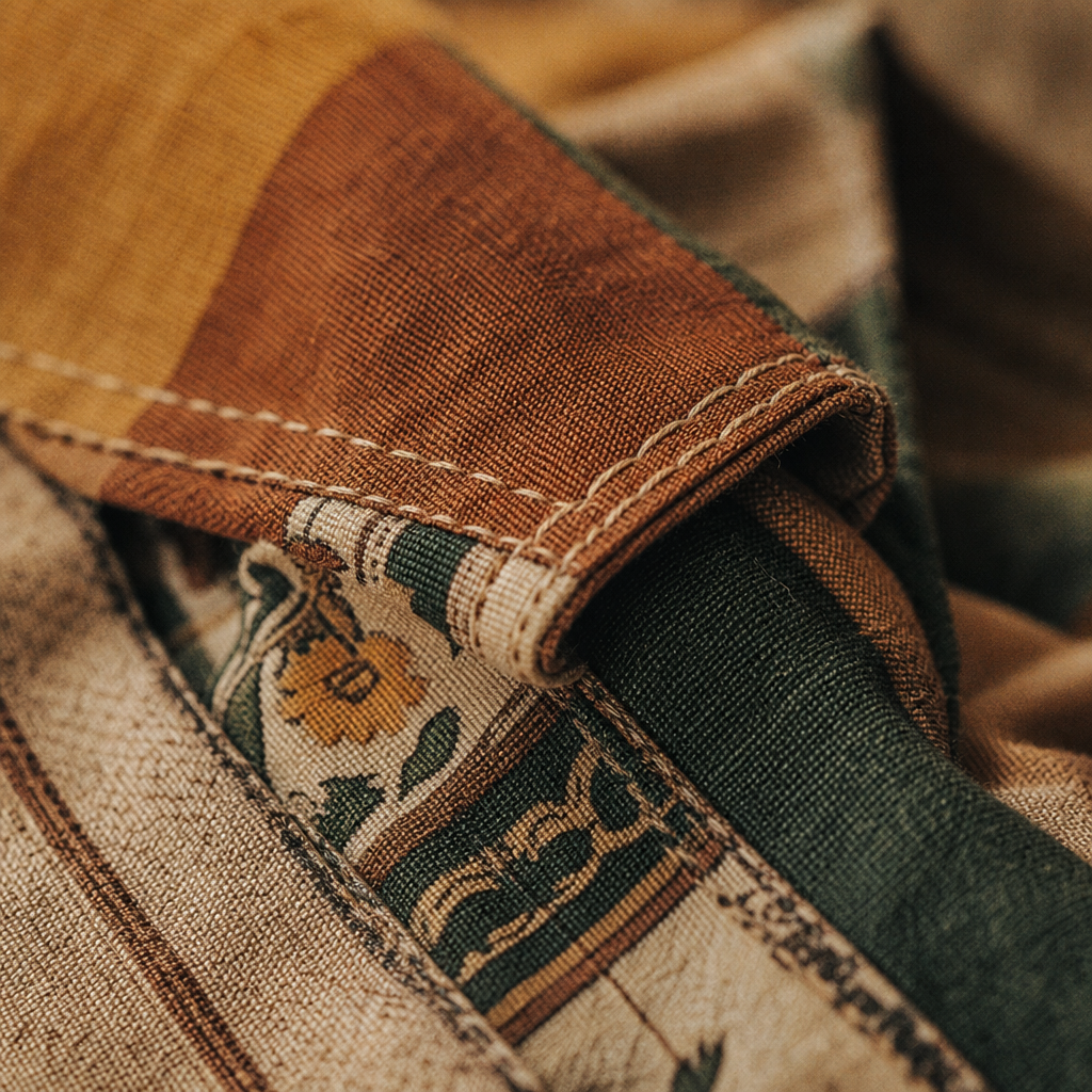 Close-up of high-quality vintage fabric with rich texture and stitching