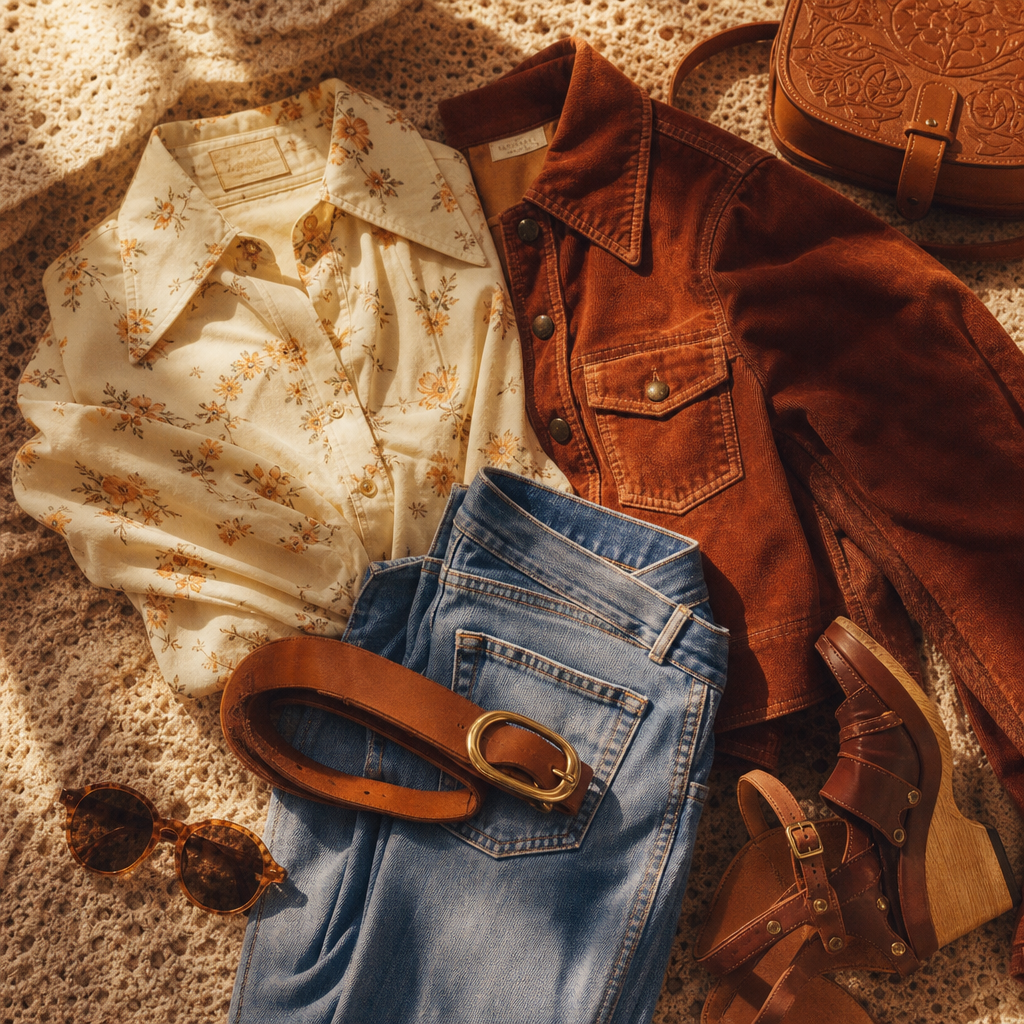 Vintage-inspired outfit flat lay with accessories on a warm textured surface