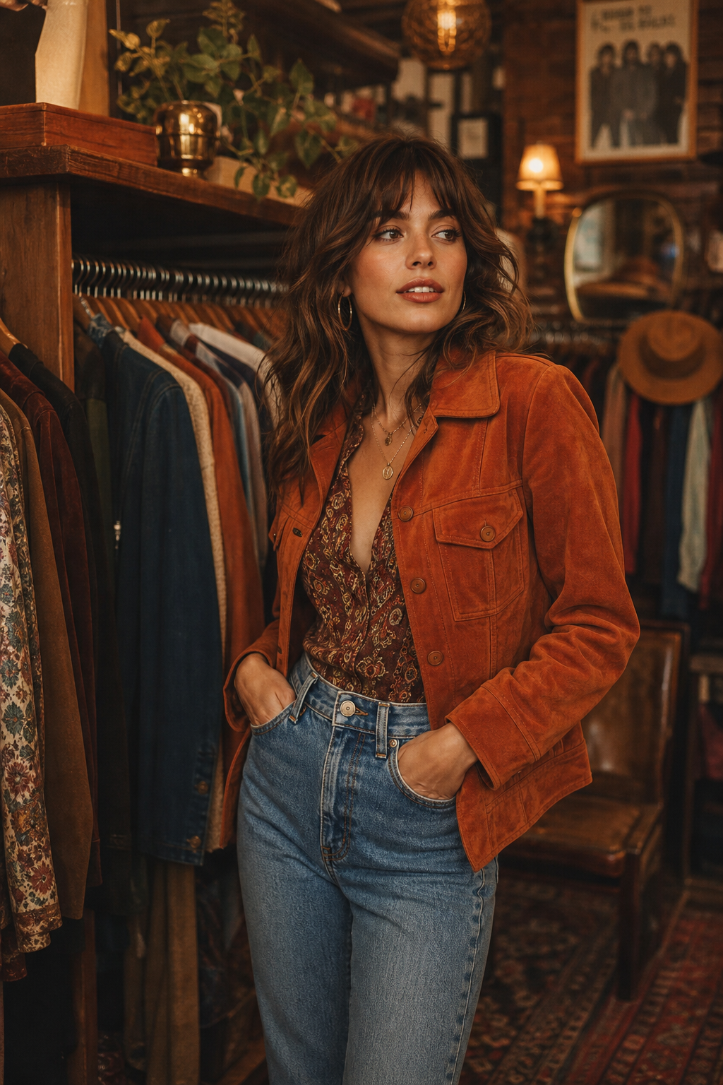 Warmly lit editorial photo of a stylish model wearing a burnt-orange suede jacket and high-waisted denim, posed in a cozy vintage boutique