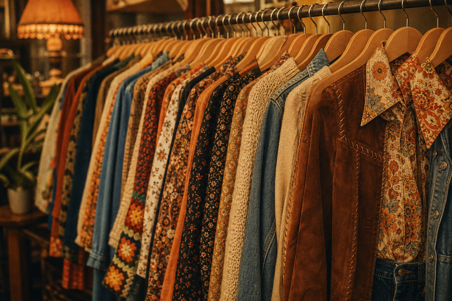 Warm film-style photo of a curated rack of 70s and 80s vintage clothing in earthy tones
