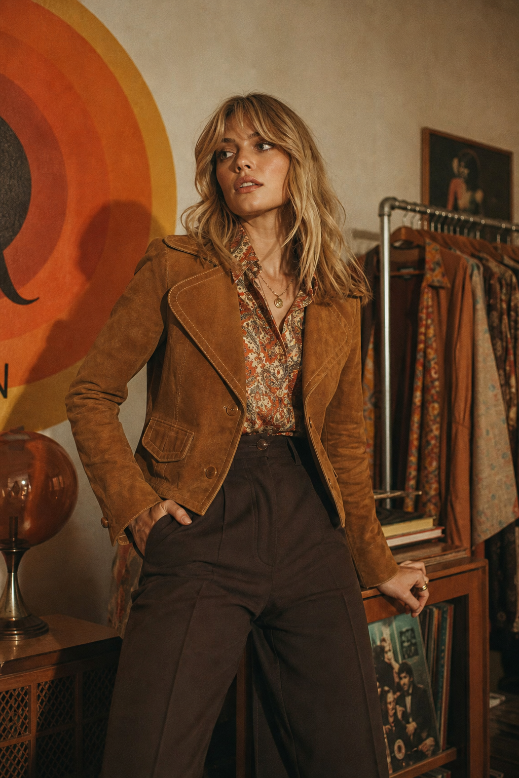 Model in a caramel suede jacket with wide lapels and high-waisted trousers, shot in warm cinematic light