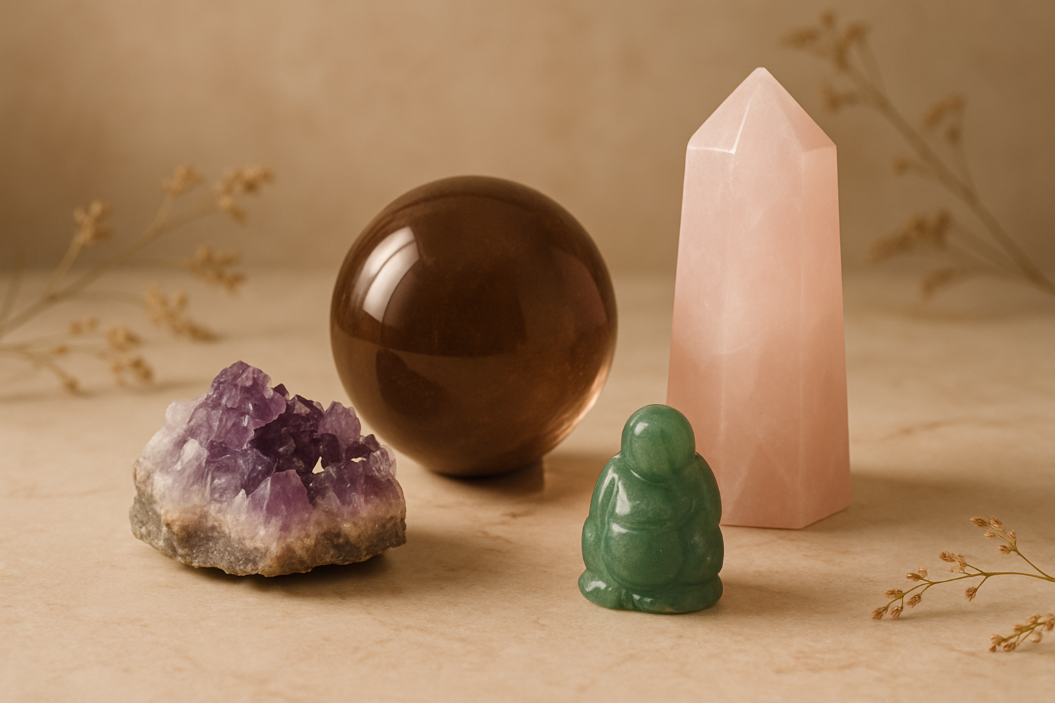 Crystal arrangement with spheres, towers, and specimens