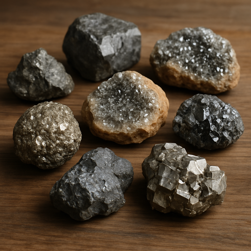 Raw mineral specimens with metallic and druzy textures