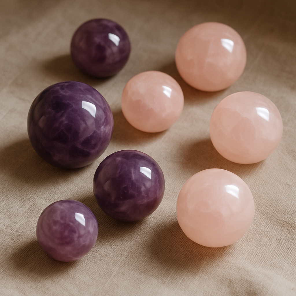 Polished amethyst and rose quartz crystal spheres