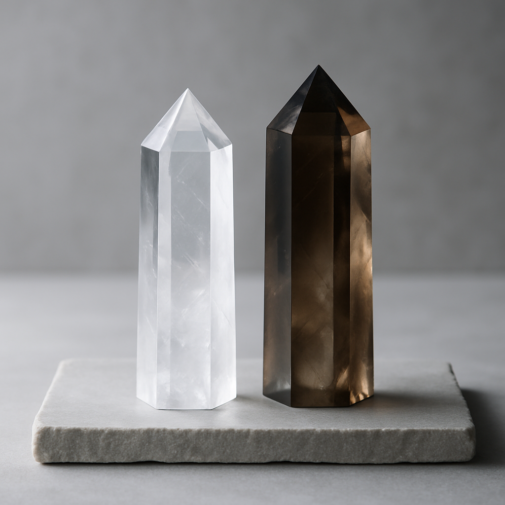 Clear quartz and smoky quartz crystal towers