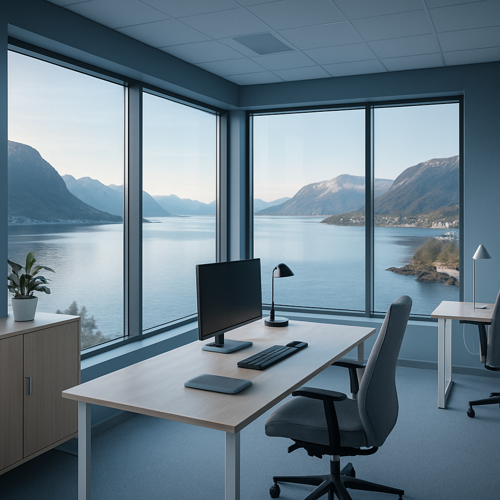 Moderne arbeidsplass med utsikt over norsk kyst