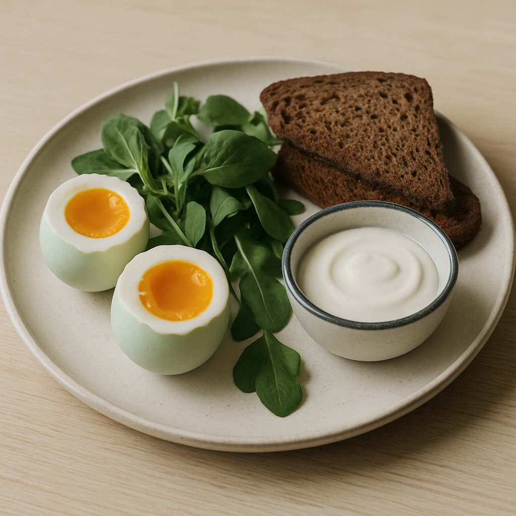 Nordic-style breakfast plate with eggs and greens