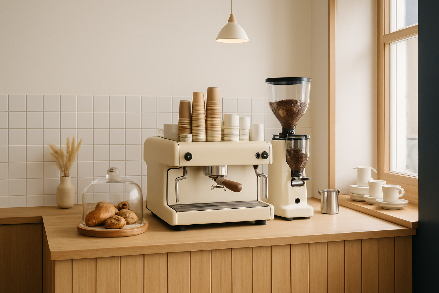Warm cafe counter with soft daylight and wood textures