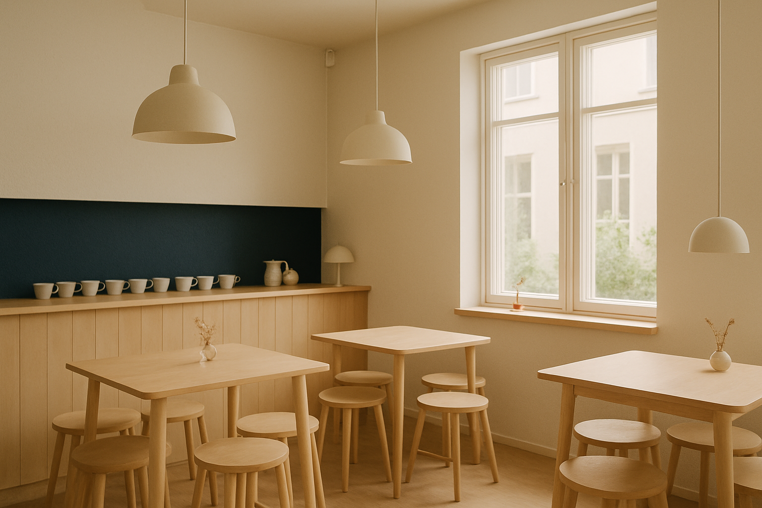 Cozy Scandinavian cafe interior with pale wood tables and ceramic cups