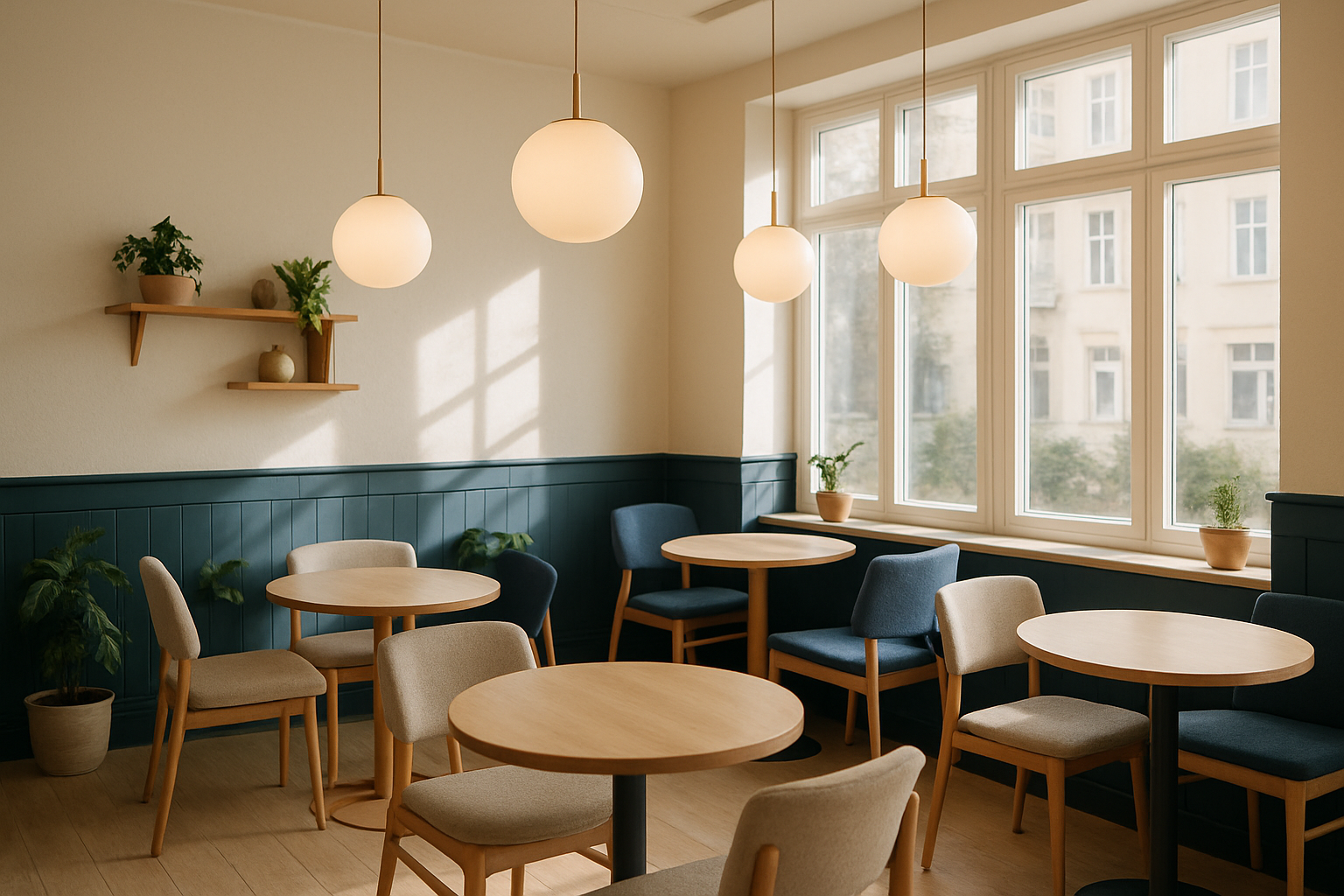 Cozy cafe interior with light wood tables and soft daylight