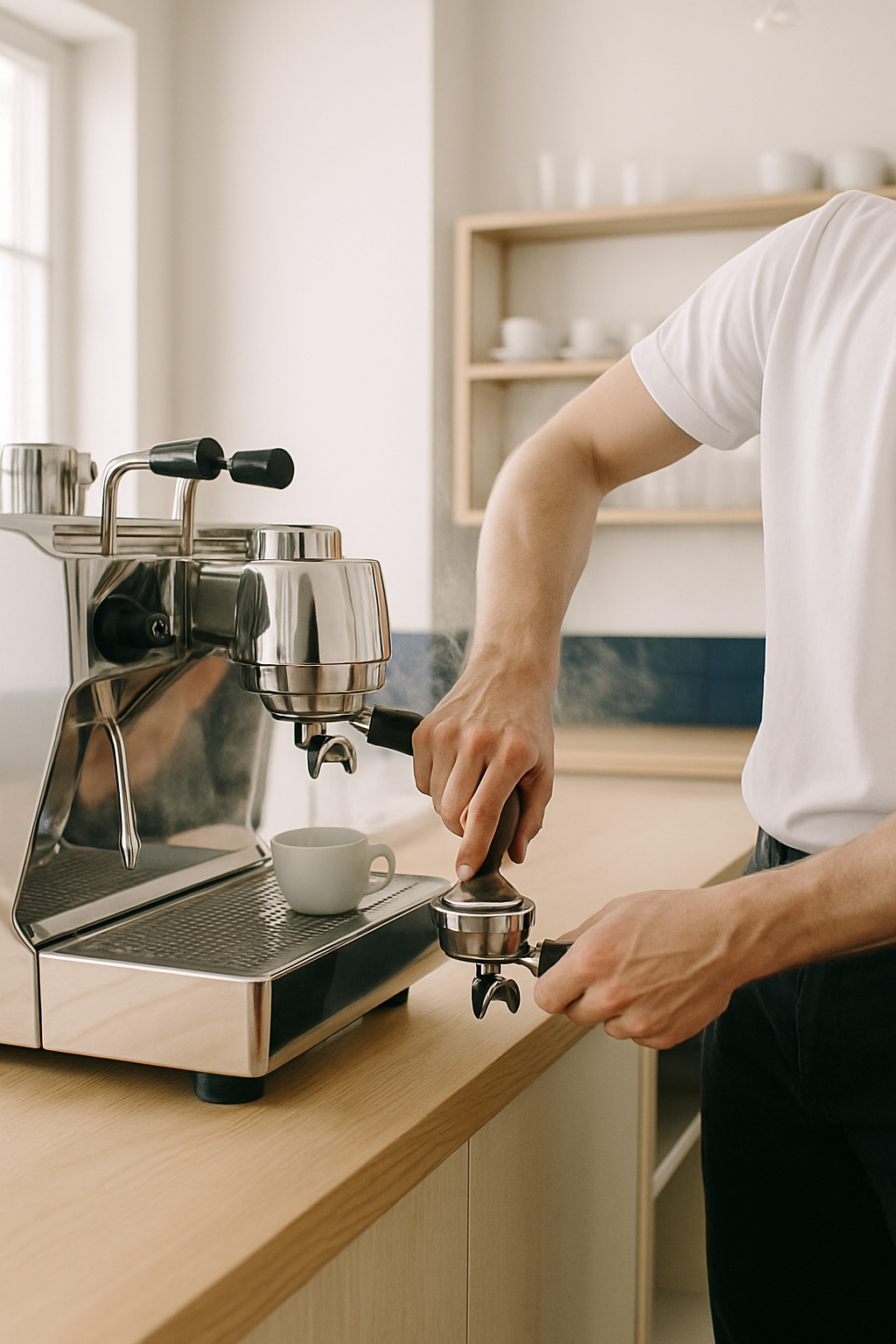 Barista preparing espresso with a polished machine