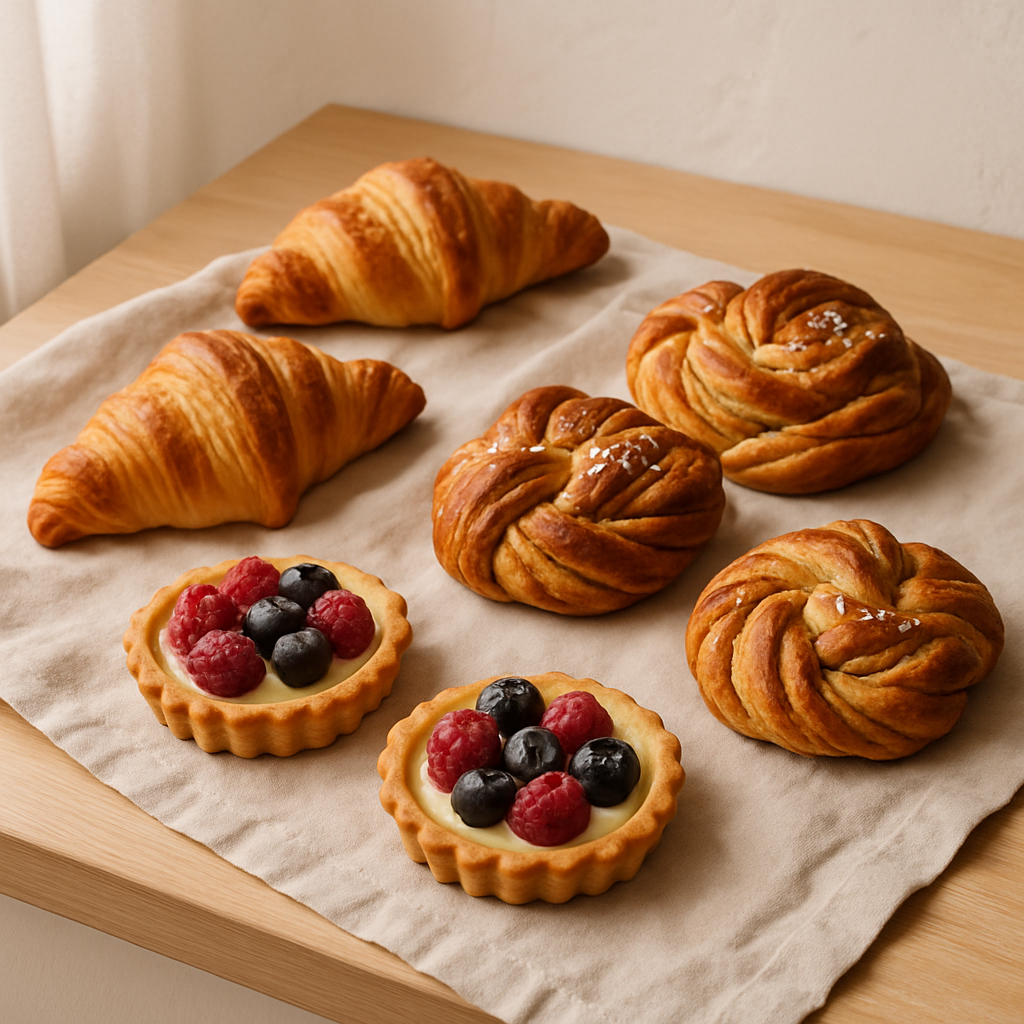 Assorted pastries on a light wood counter