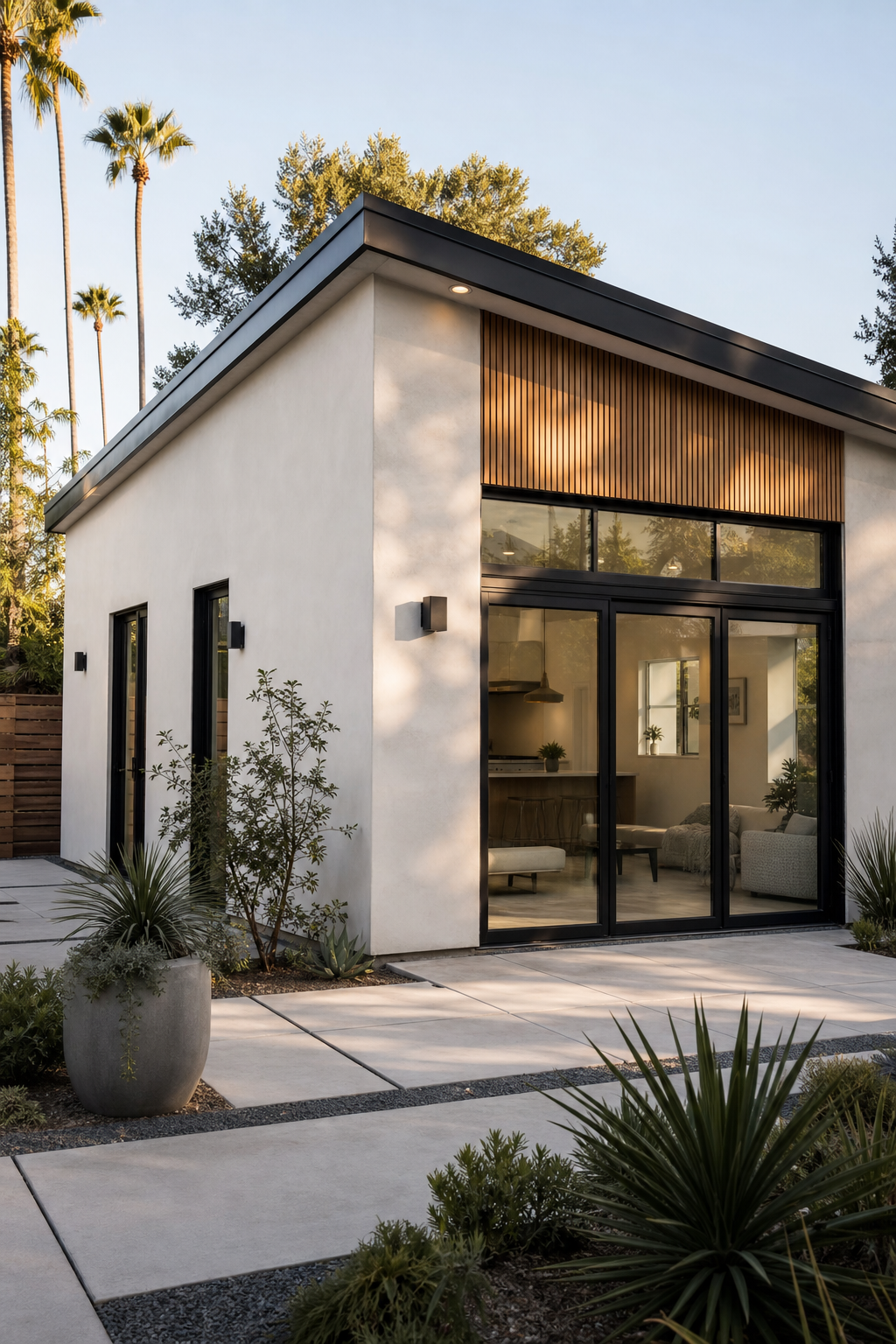 Contemporary detached accessory dwelling unit with warm wood accents, large glazing, and landscaped courtyard connection