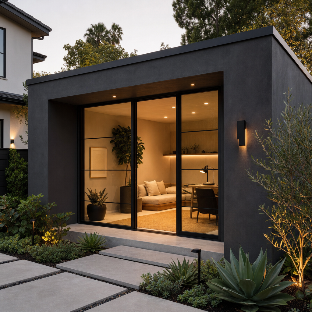 Detached ADU garden studio with charcoal stucco, black steel doors, and integrated landscaping