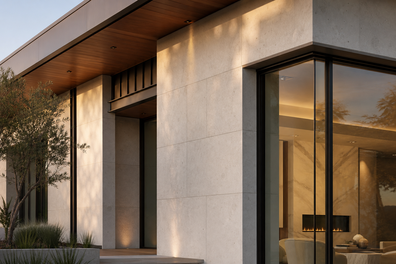 Close architectural detail of a luxury Southern California residence showing stone cladding, warm wood soffit, and precision window framing
