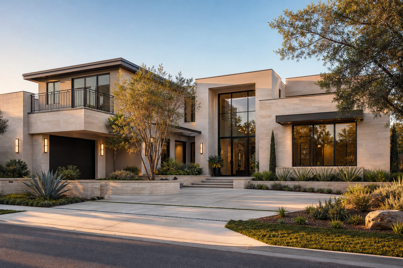 Refined newly completed custom residence with warm natural stone, large glass openings, and clean contemporary architecture in coastal Southern California