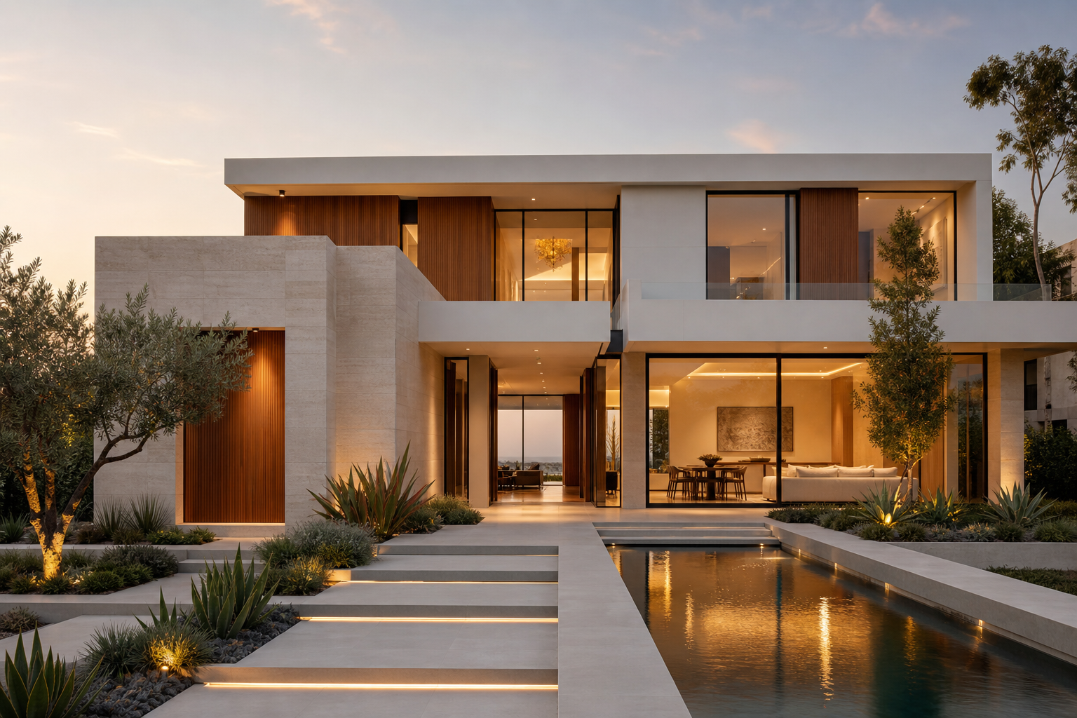 Contemporary luxury custom home exterior with limestone facade, warm wood accents, and a linear pool at dusk