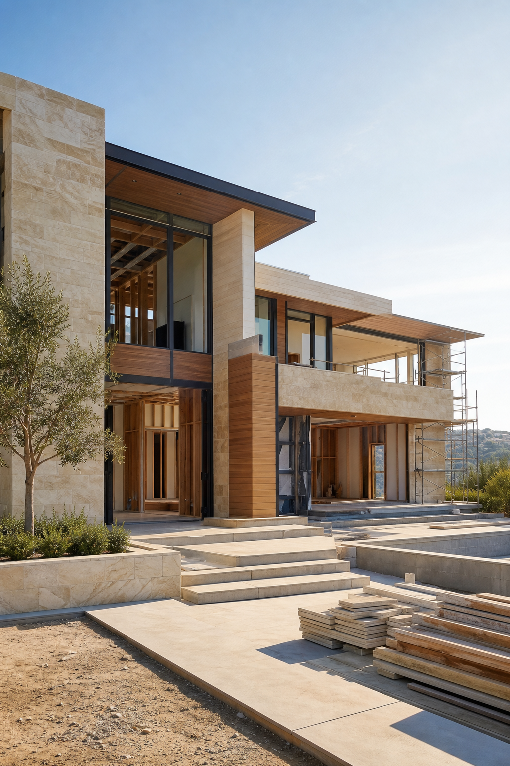 Elegant custom residence under construction with refined framing, clean exterior lines, and premium architectural detailing