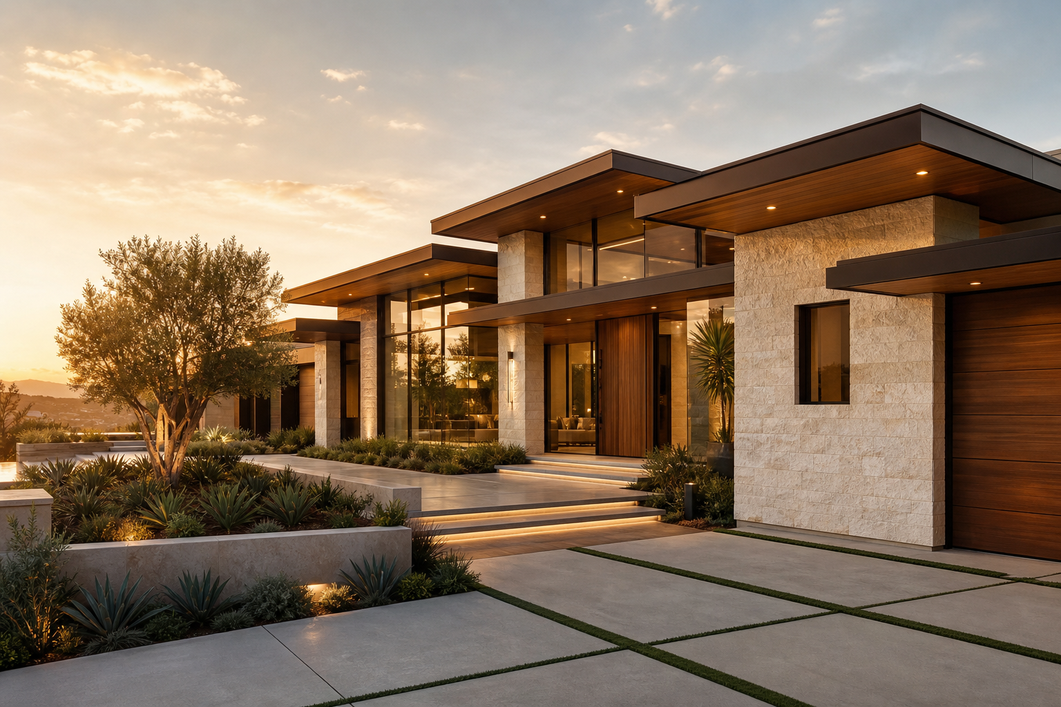 Luxury contemporary Southern California custom residence exterior at golden-hour daylight with warm natural stone, glass walls, and clean architectural lines