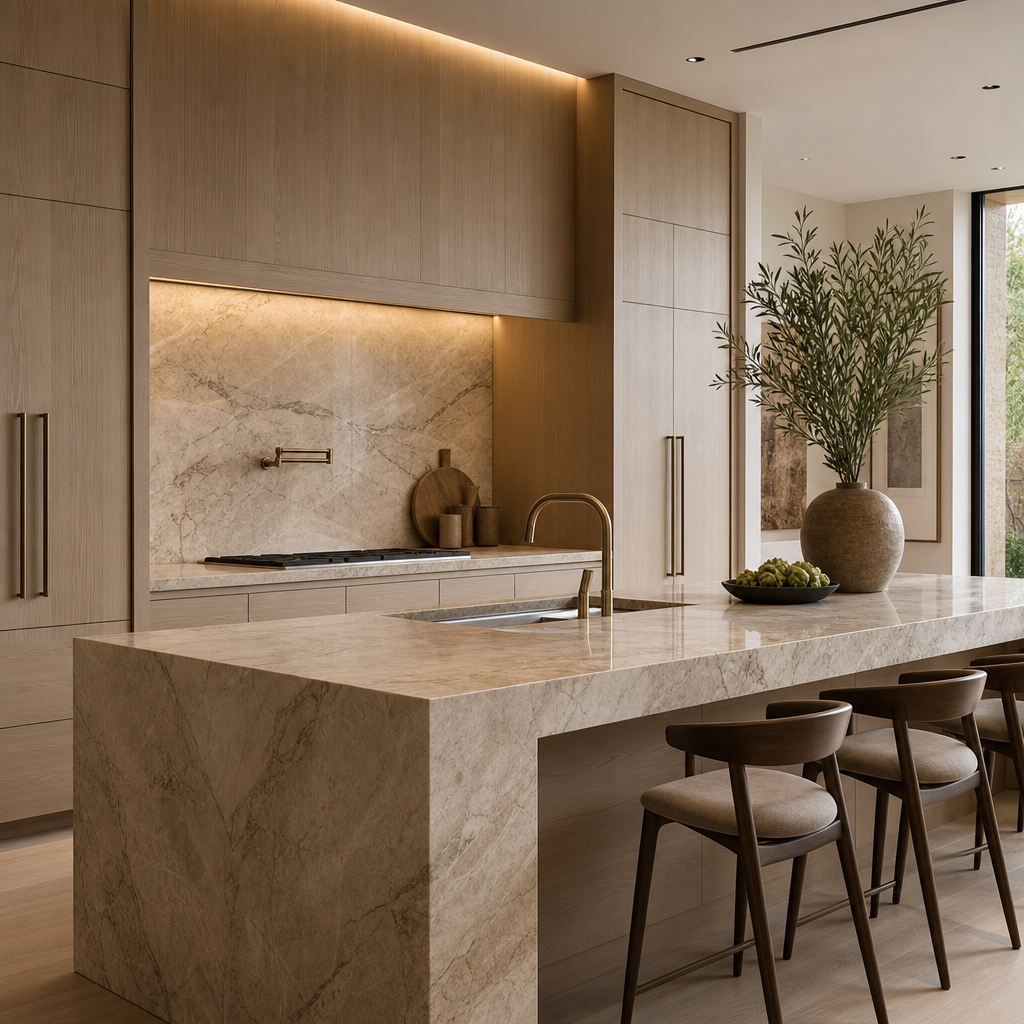 High-end kitchen interior detail featuring bookmatched stone island, matte oak cabinetry, and concealed lighting