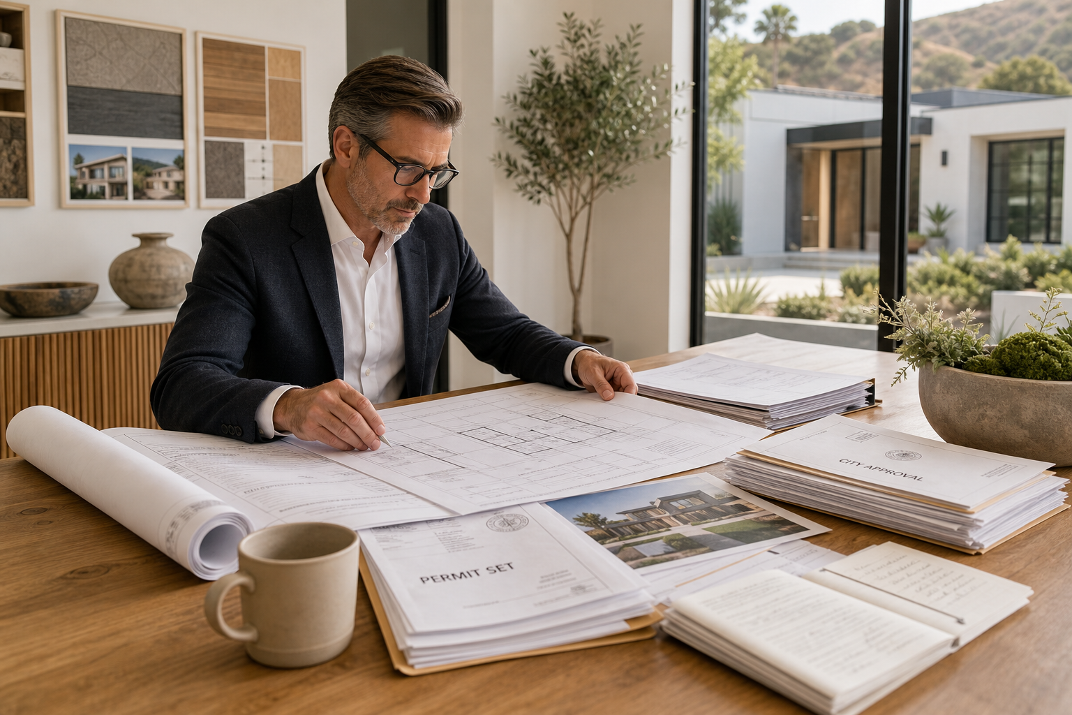 Senior construction coordinator reviewing stamped plan sets and permit documents at a modern office table for a high-end residential project in Orange County