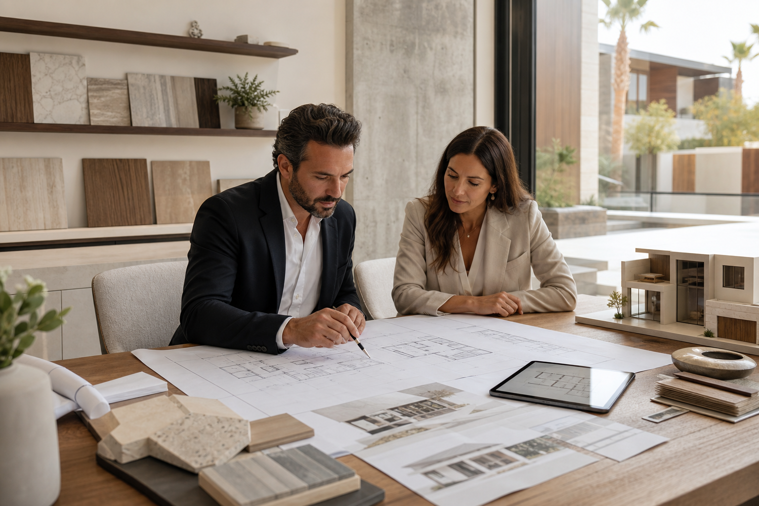 Luxury residential planning meeting with architectural drawings, material samples, and a design team coordinating build-ready details in a bright modern studio
