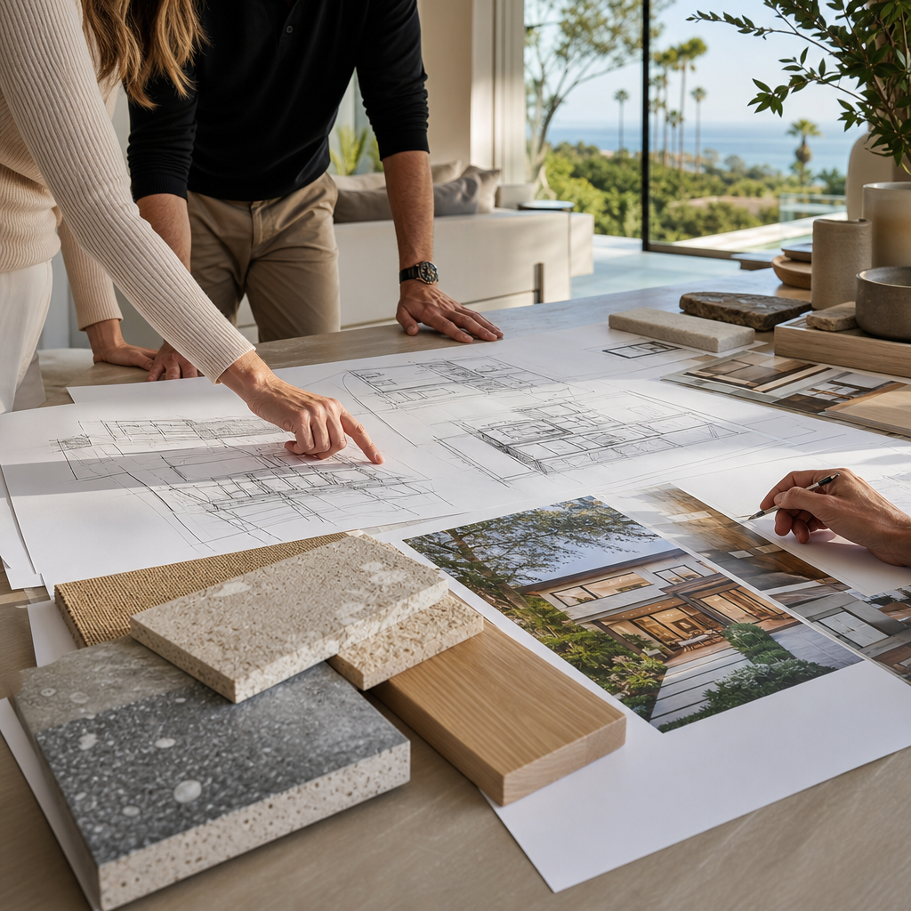 Aspirational early-stage luxury home planning table with elegant residential sketches, warm material samples, and soft daylight