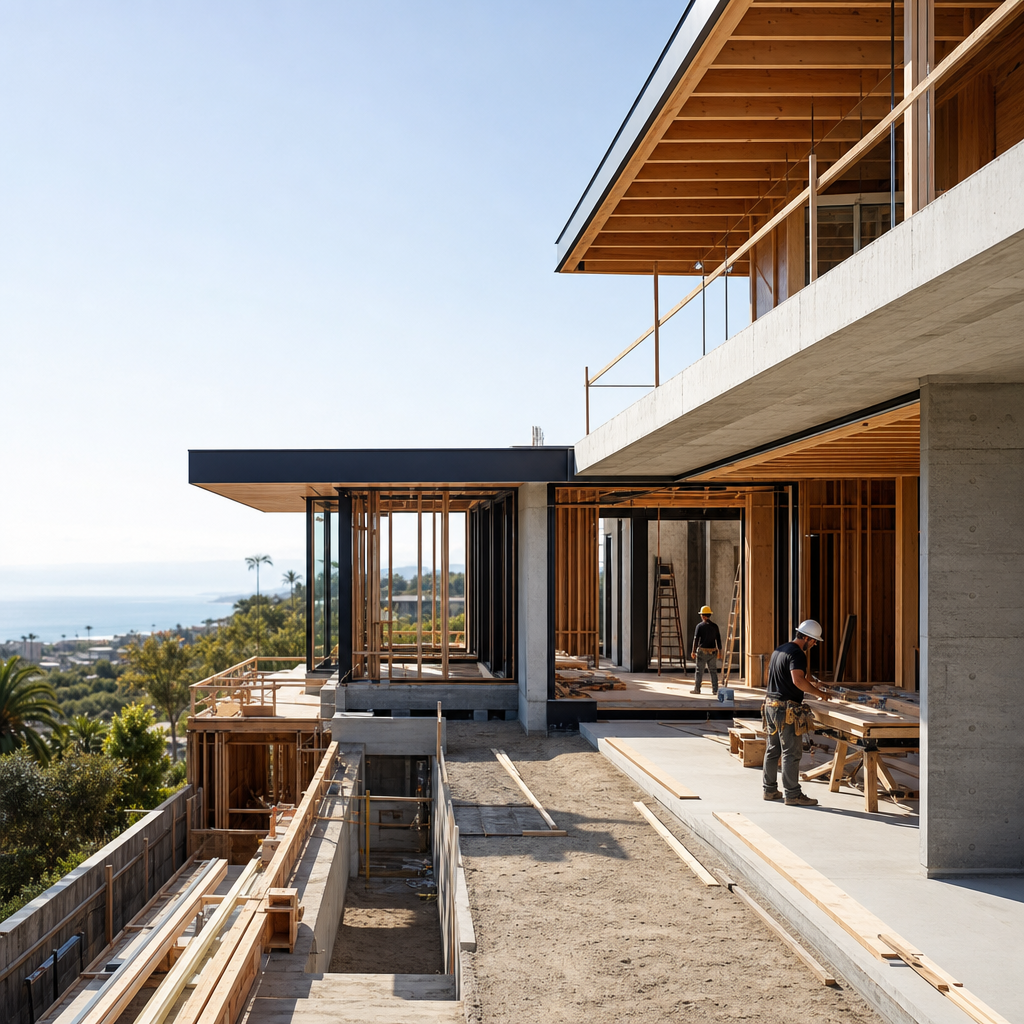 Active high-end residential construction site with framing crews, clean staging, and contemporary architecture taking shape