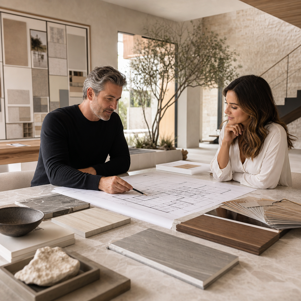 Architect and homeowner reviewing refined floor plans with stone and wood finish samples in a modern design studio