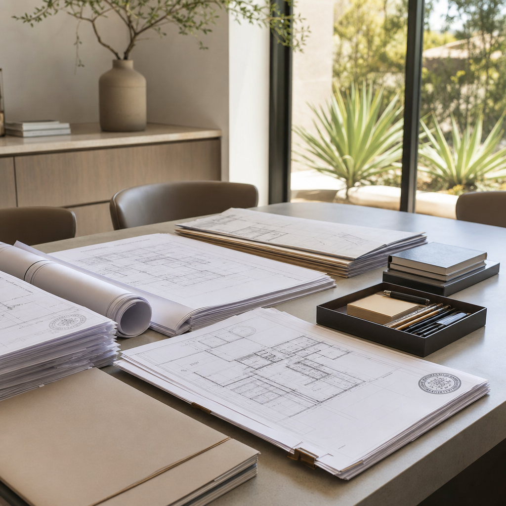 Organized permit packet and stamped residential plan set on a clean conference table, conveying approval coordination precision