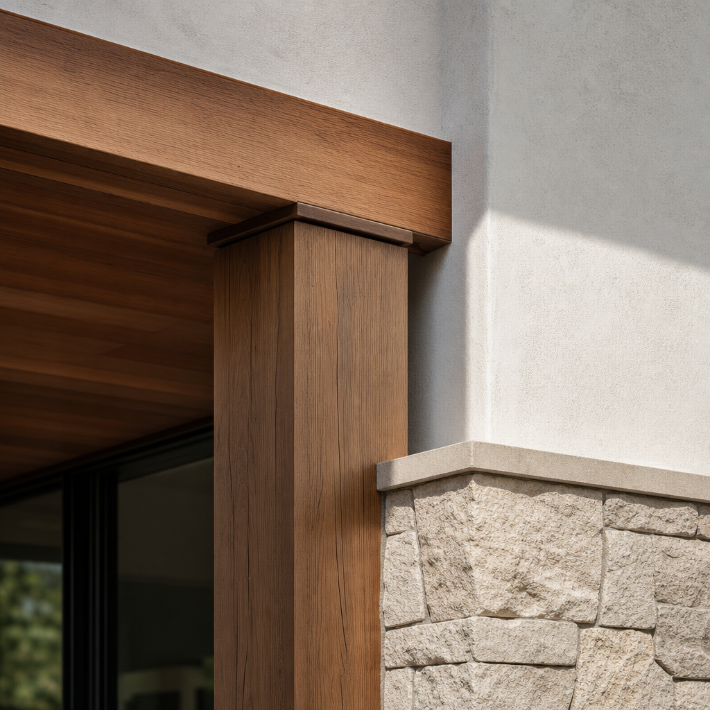 Close-up architectural detail of refined timber framing and precision-built interior transition