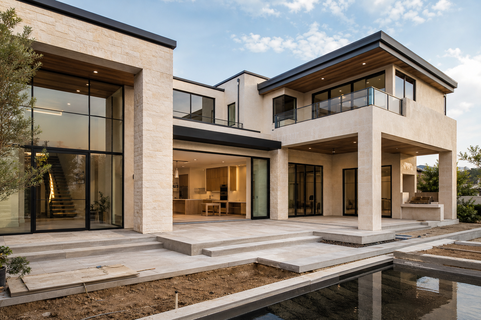 Sunlit modern luxury residence under construction with clean geometric lines, warm natural stone, and large glass openings