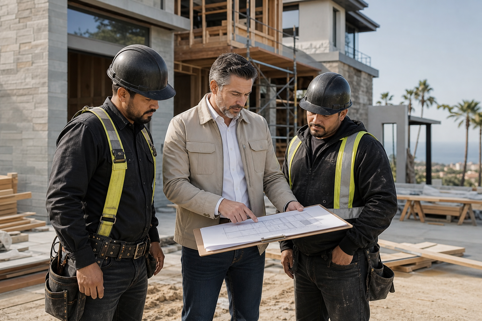Senior residential construction manager reviewing plans with trade supervisors at a clean upscale build site in Orange County
