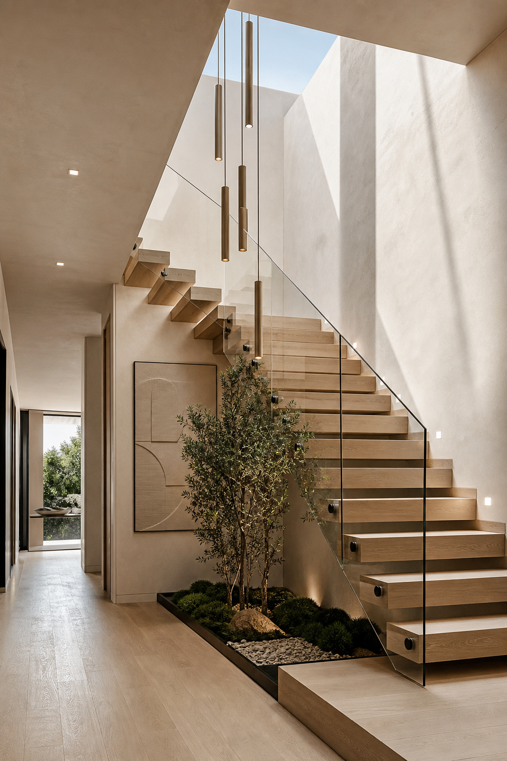 Architectural stair hall detail with floating white oak treads, glass guardrail, and skylit plaster walls