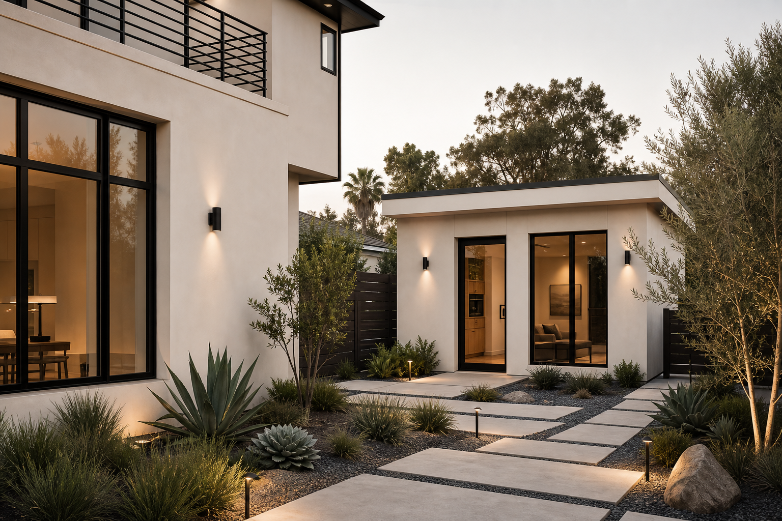 Refined detached ADU with smooth stucco, slim black-framed windows, and a landscaped side-yard connection to the primary home