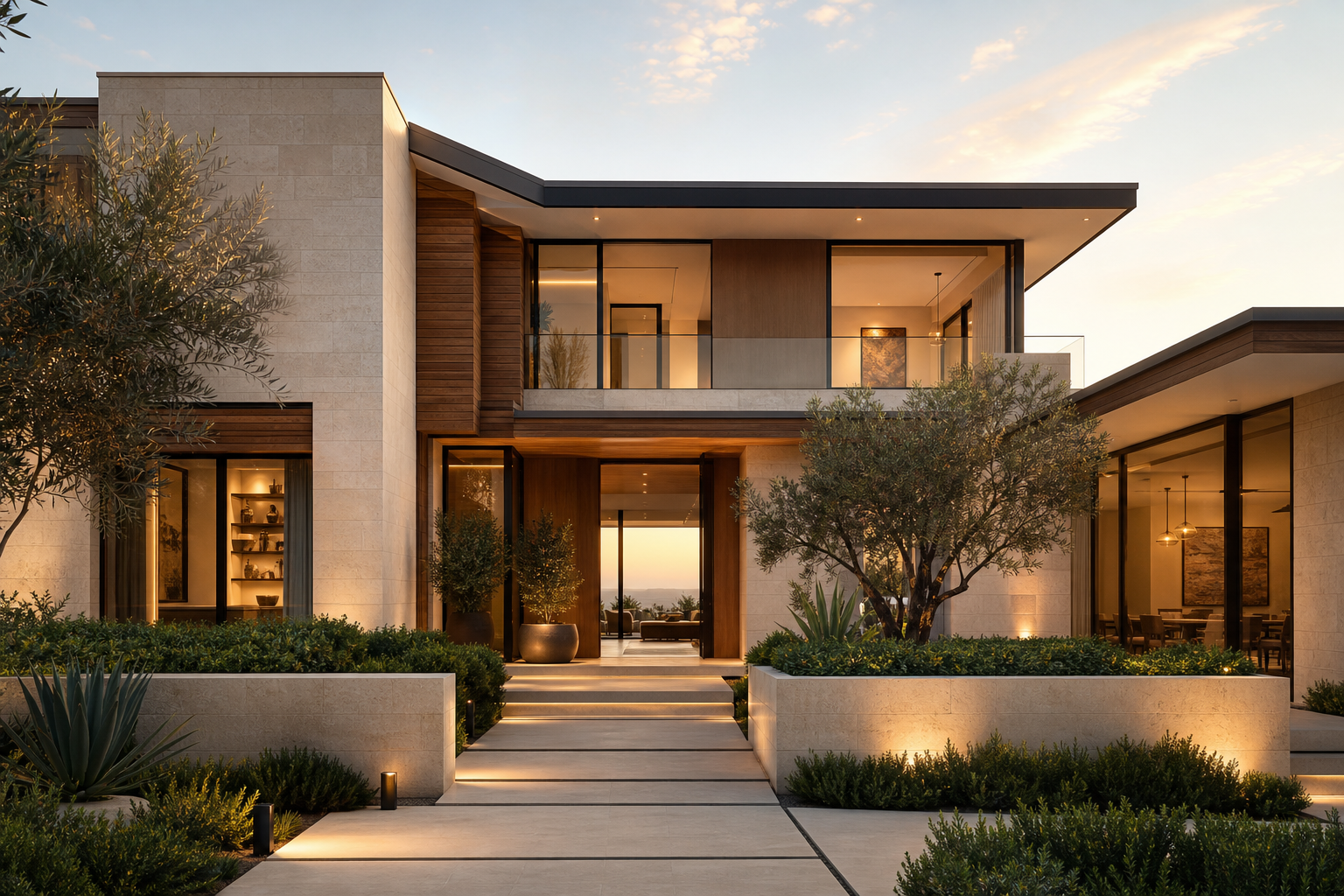 Custom luxury hillside residence with warm stone facade, expansive floor-to-ceiling glass, and landscaped modern entry courtyard