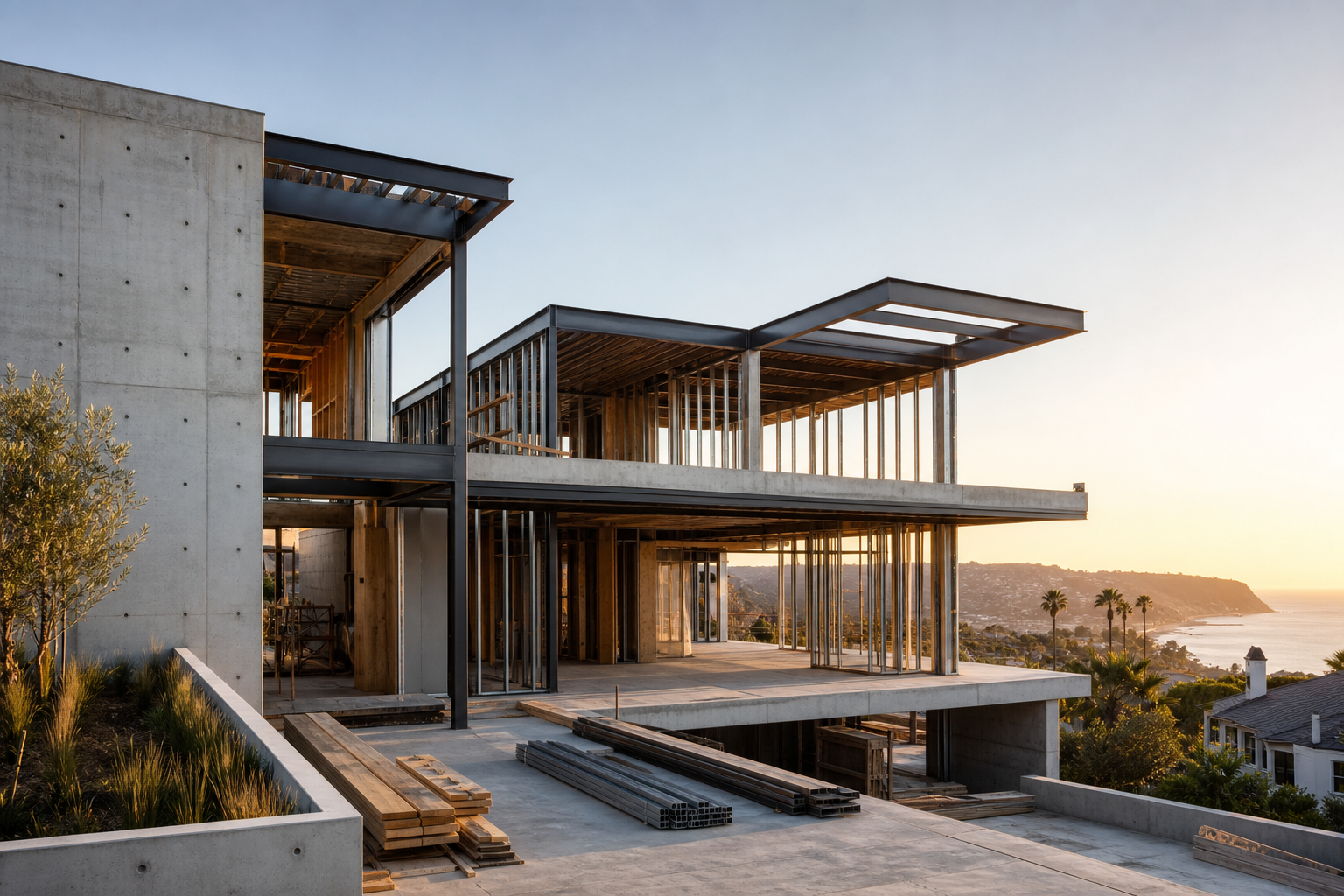 Ground-up residential construction site with modern concrete framing, precision layout lines, and a clean coastal California backdrop