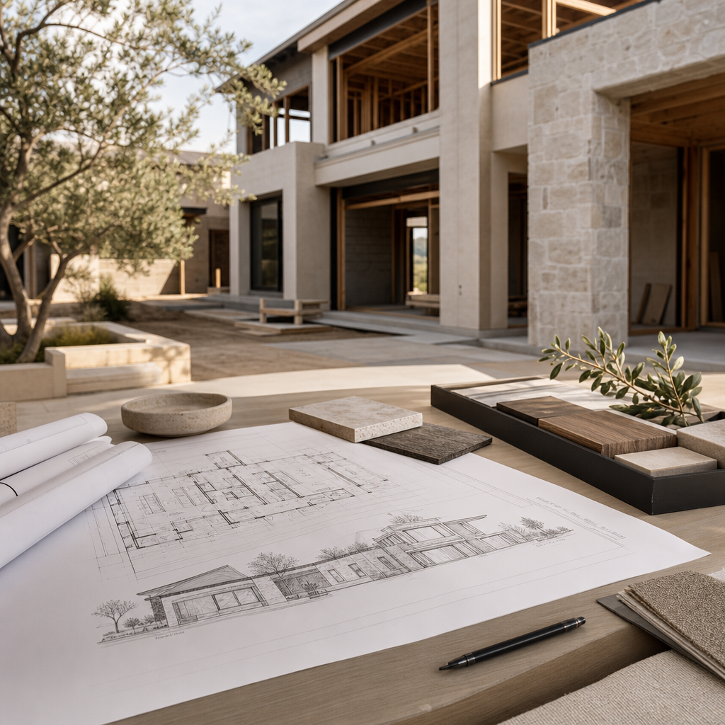 Architectural planning and construction coordination scene for a luxury custom home project from concept through completion