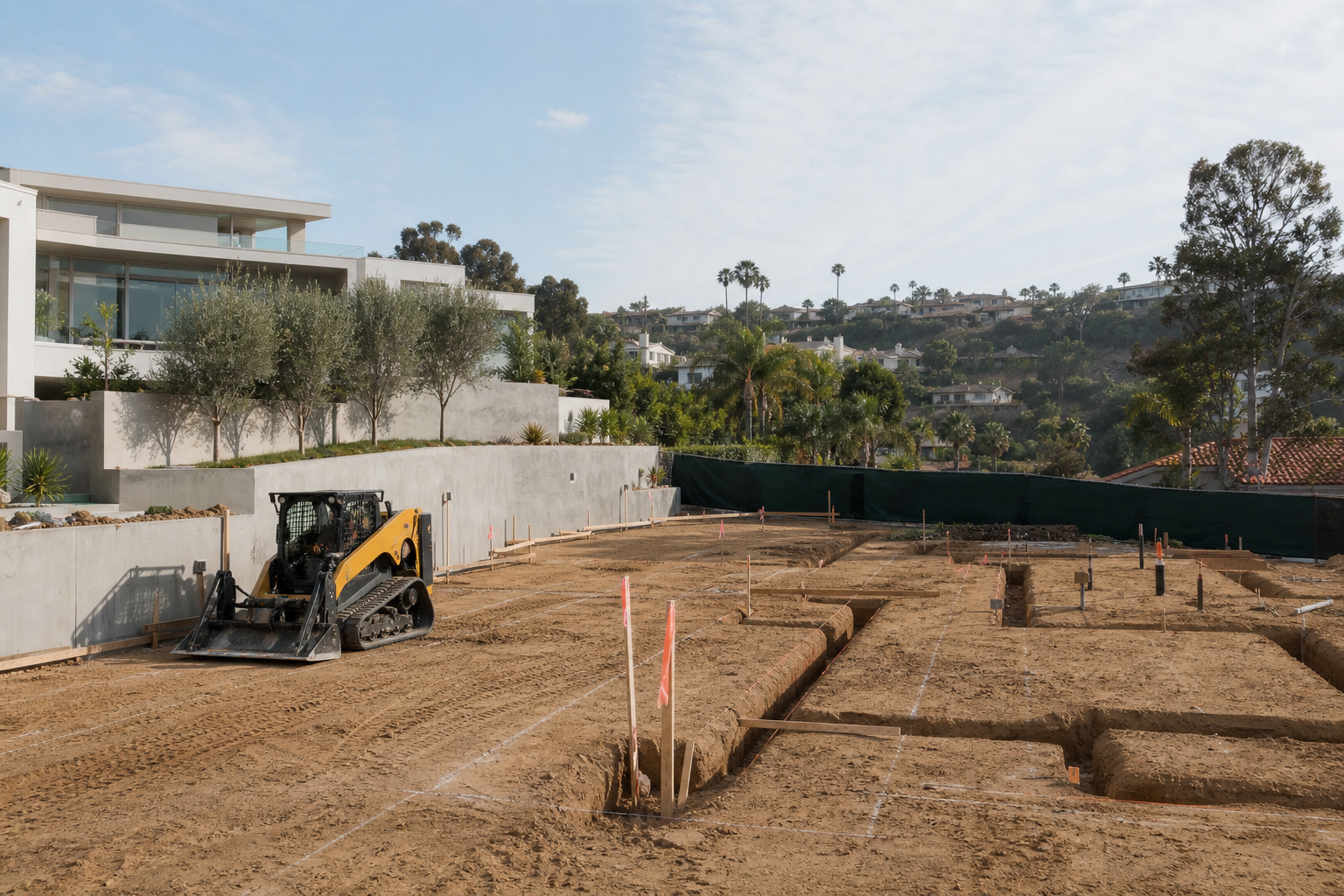 Architectural residential site preparation scene in Southern California with graded lot, survey stakes, compact equipment, and utility trench planning before home construction