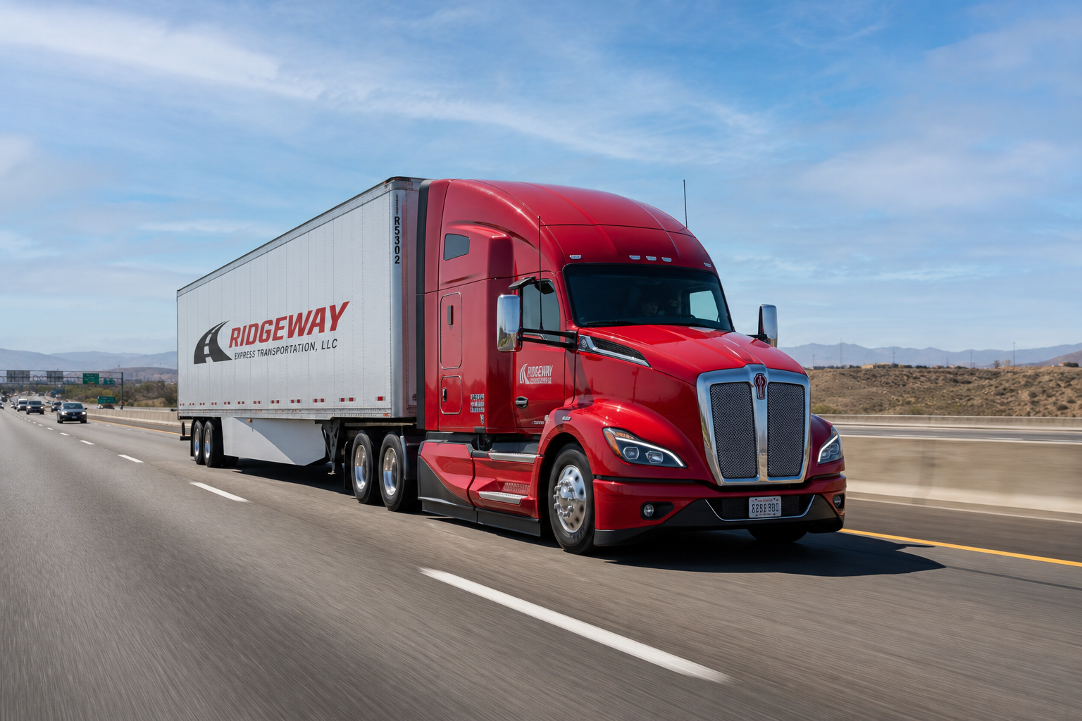 Modern red and white semi truck with a clean trailer traveling on a wide interstate highway under a clear morning sky