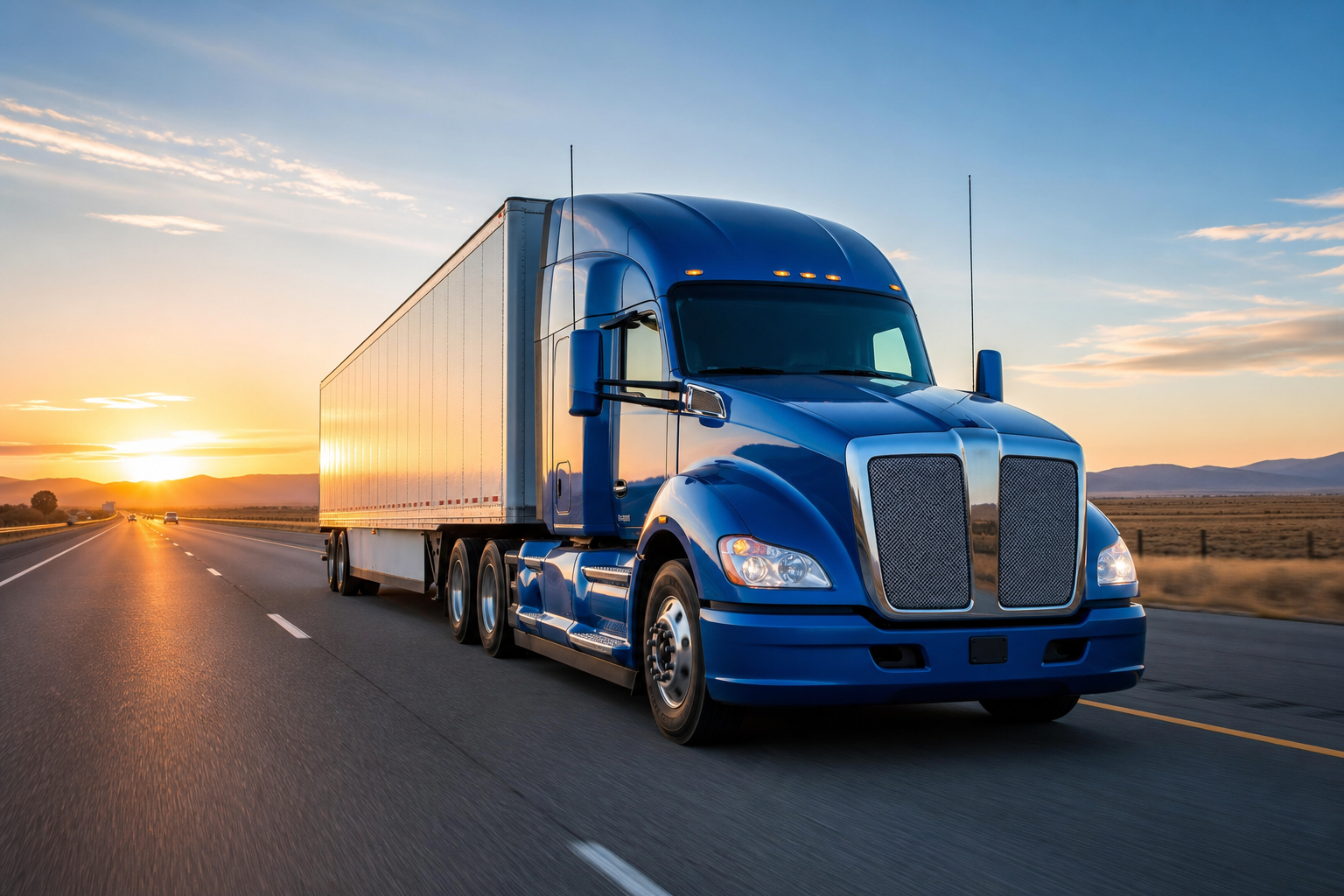modern blue semi truck hauling a clean white trailer on a wide interstate highway at sunrise with soft golden light