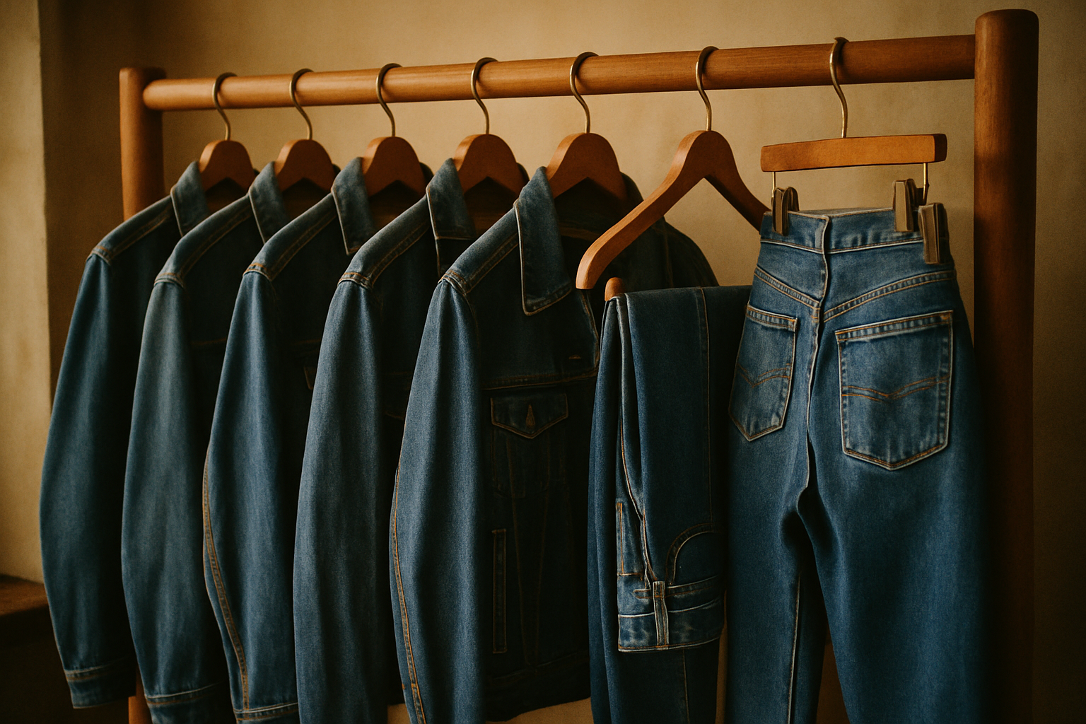 Vintage indigo denim jackets and jeans hanging on a warm wooden rack with soft film lighting