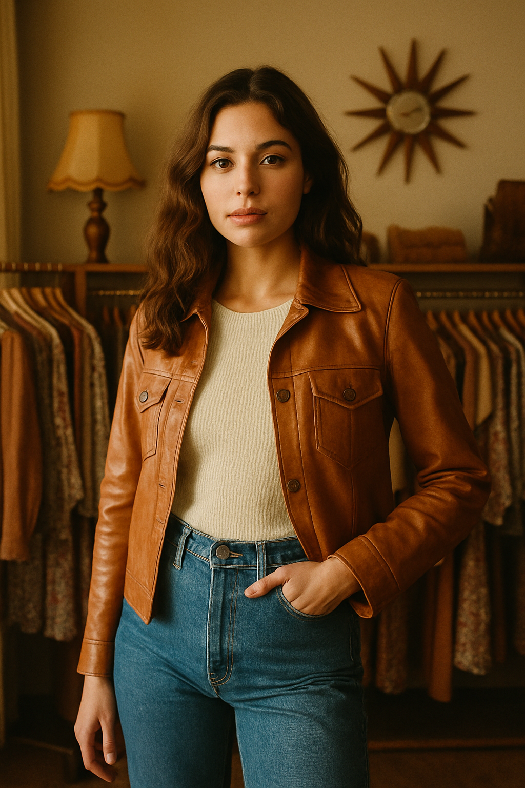 Warm film-style editorial photo of a model wearing a tan leather jacket and high-waisted denim in a sunlit vintage boutique