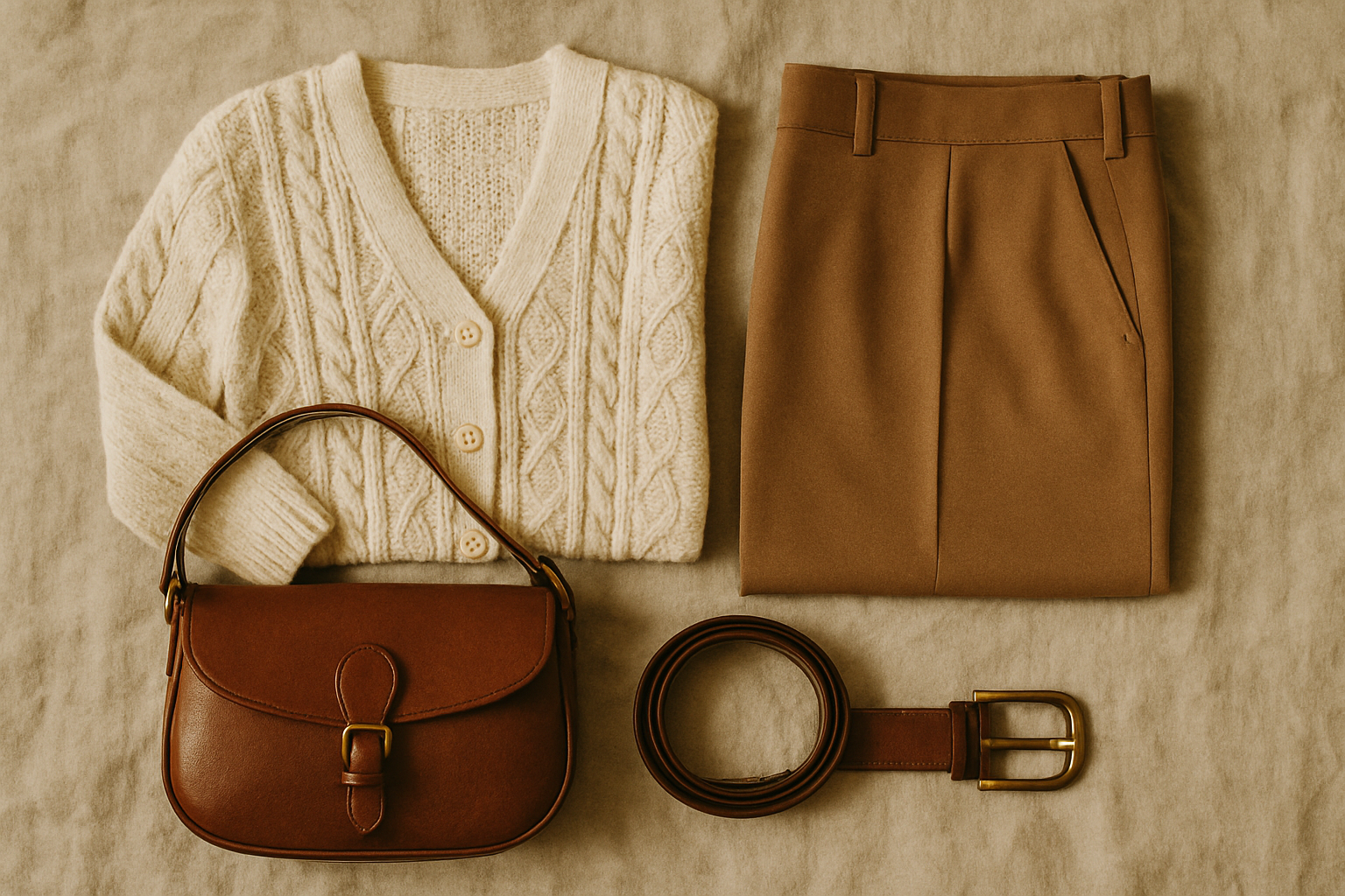 Flat lay of neutral vintage knitwear, trousers, and leather accessories on linen