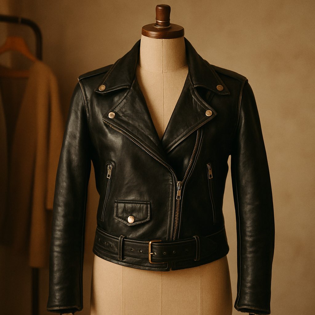 Classic black vintage leather biker jacket on a mannequin in a boutique studio