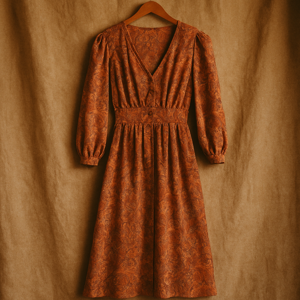 70s inspired printed midi dress in warm tones hanging against textured fabric