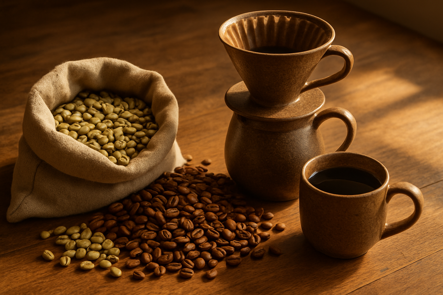 Premium artisan coffee scene featuring a textured wooden table with a ceramic pour-over set, freshly roasted coffee beans, and a linen sack of green beans