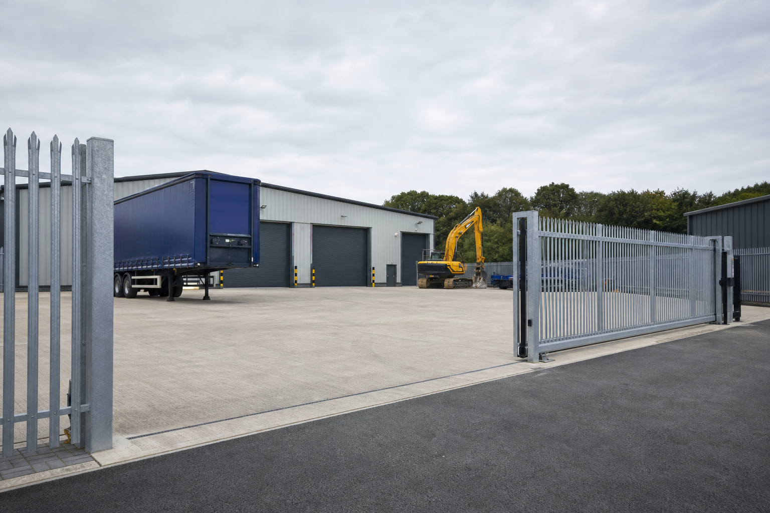 Secure commercial yard with gated perimeter, hardstanding surface, and industrial units in the background